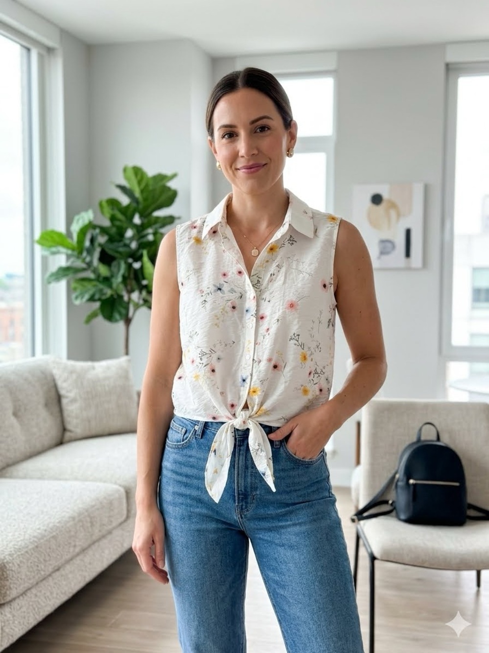 Rachel Zoe White Sleeveless Tie-Front Floral Camisole